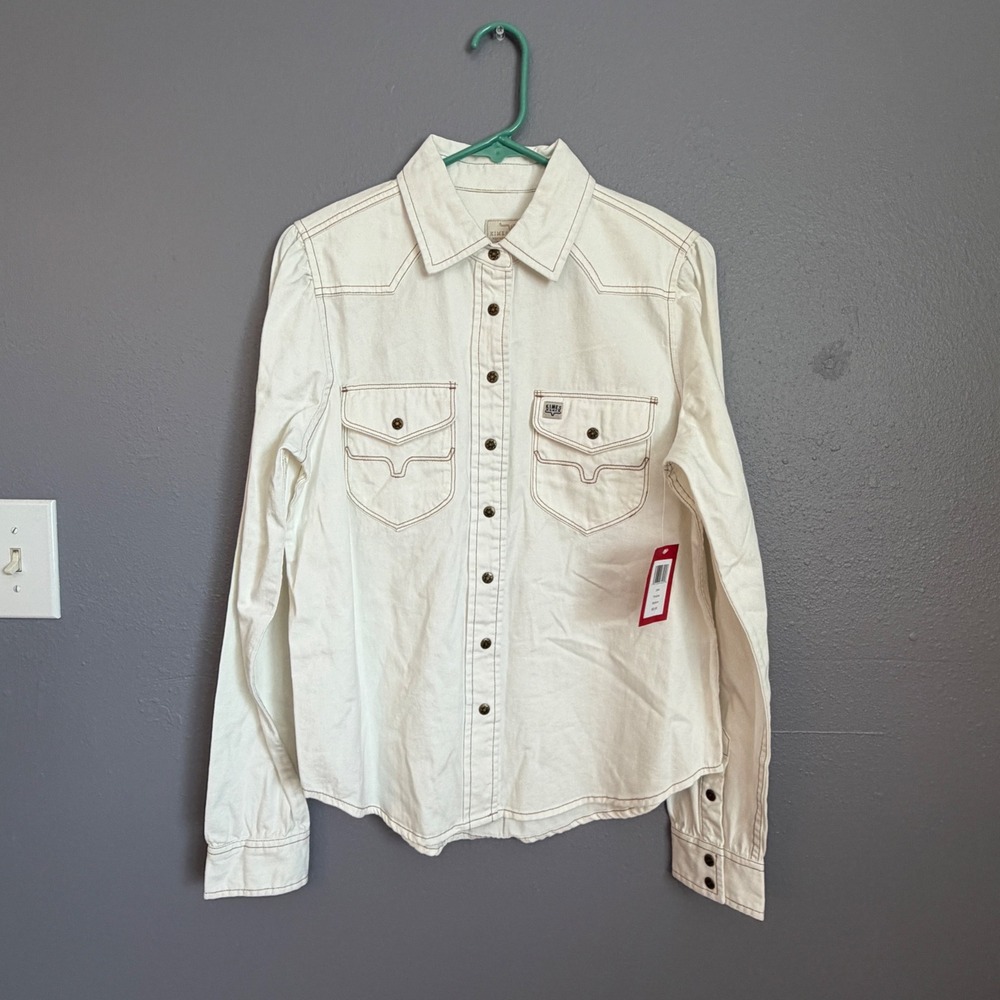 Kimes Ranch Jane Western Shirt Pristine White Denim Button Down Medium NWT
